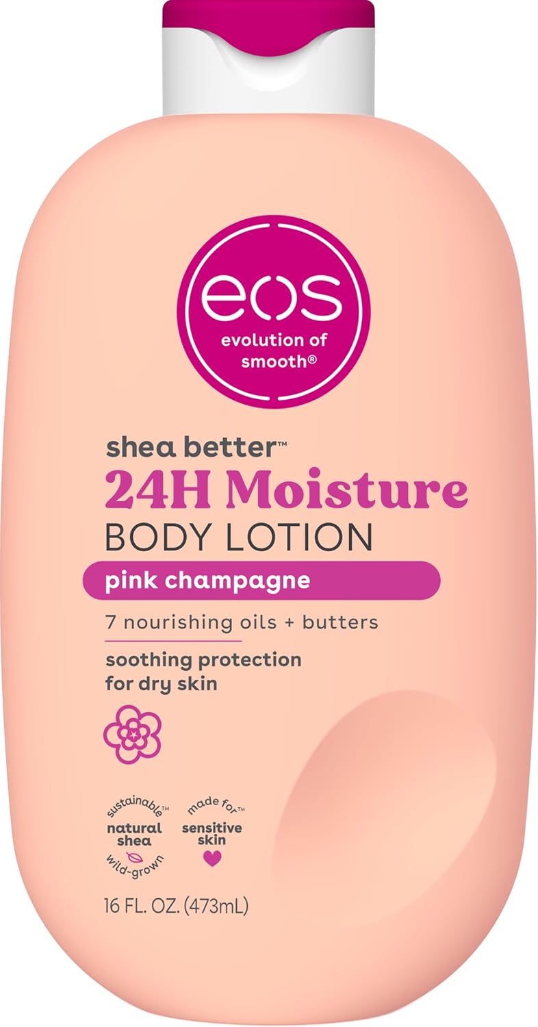 Body lotion bottle labeled 'eos' with pink and white design on a white background