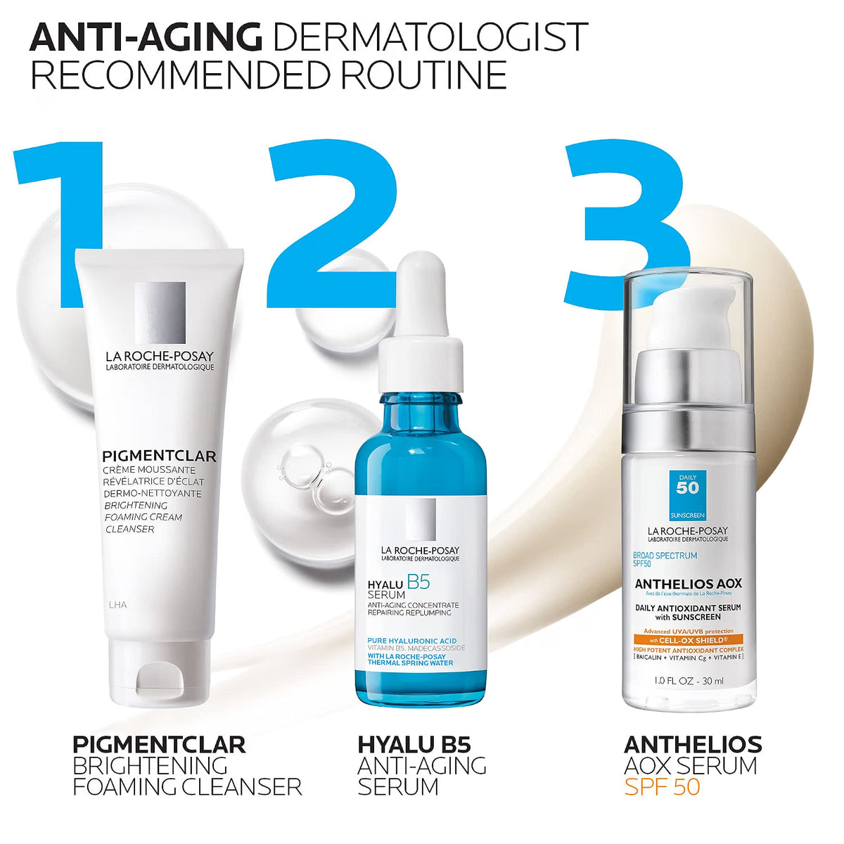 La Roche Posay anti-aging dermatologist recommended routine featuring three products: Pigmentclar Brightening Foaming Cleanser, Hyalu B5 Anti-Aging Serum, and Anthelios AOX Serum SPF 50, arranged with large blue numbers 1, 2, and 3 on a white background.