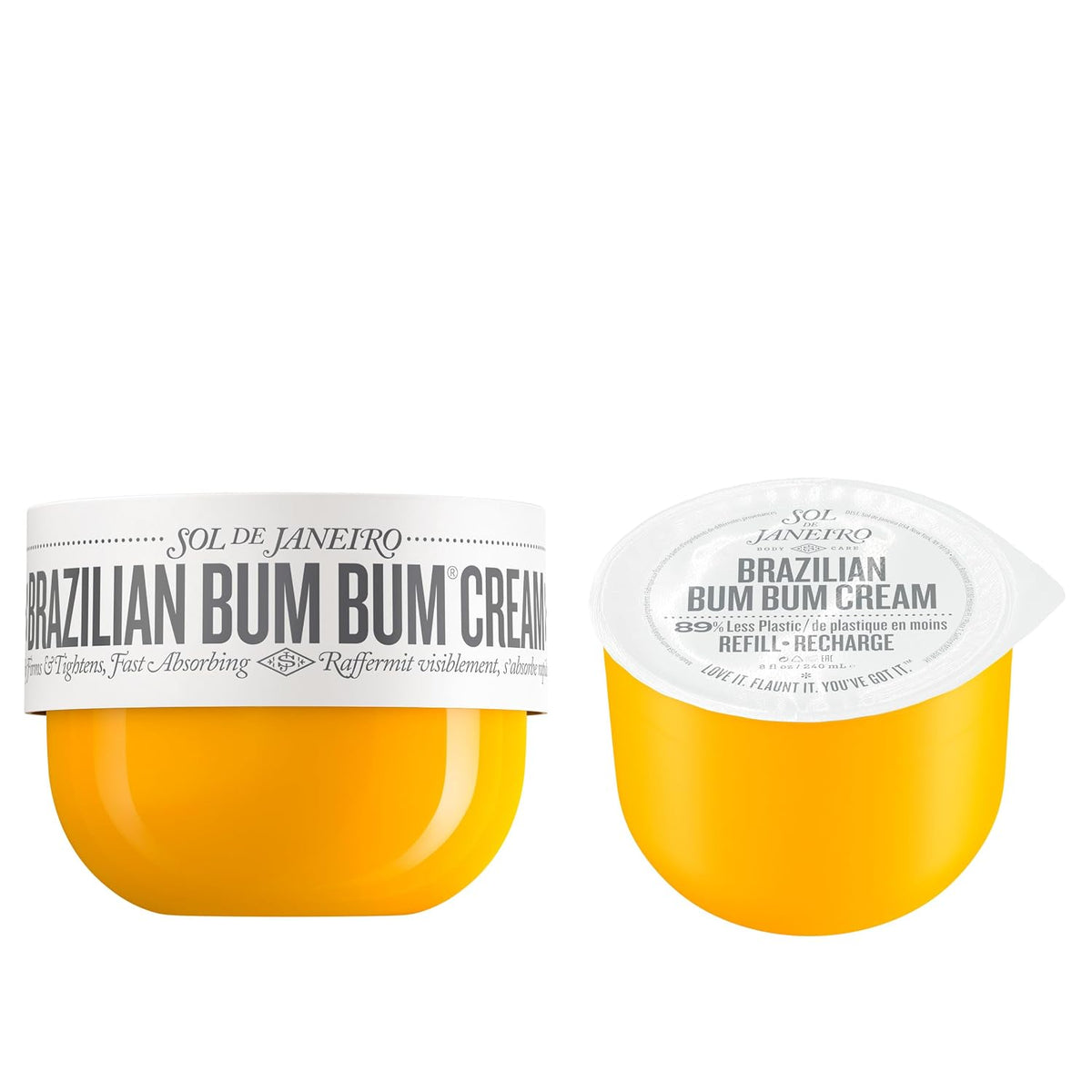 Two containers of Sol de Janeiro Brazilian Bum Bum Cream on a white background
