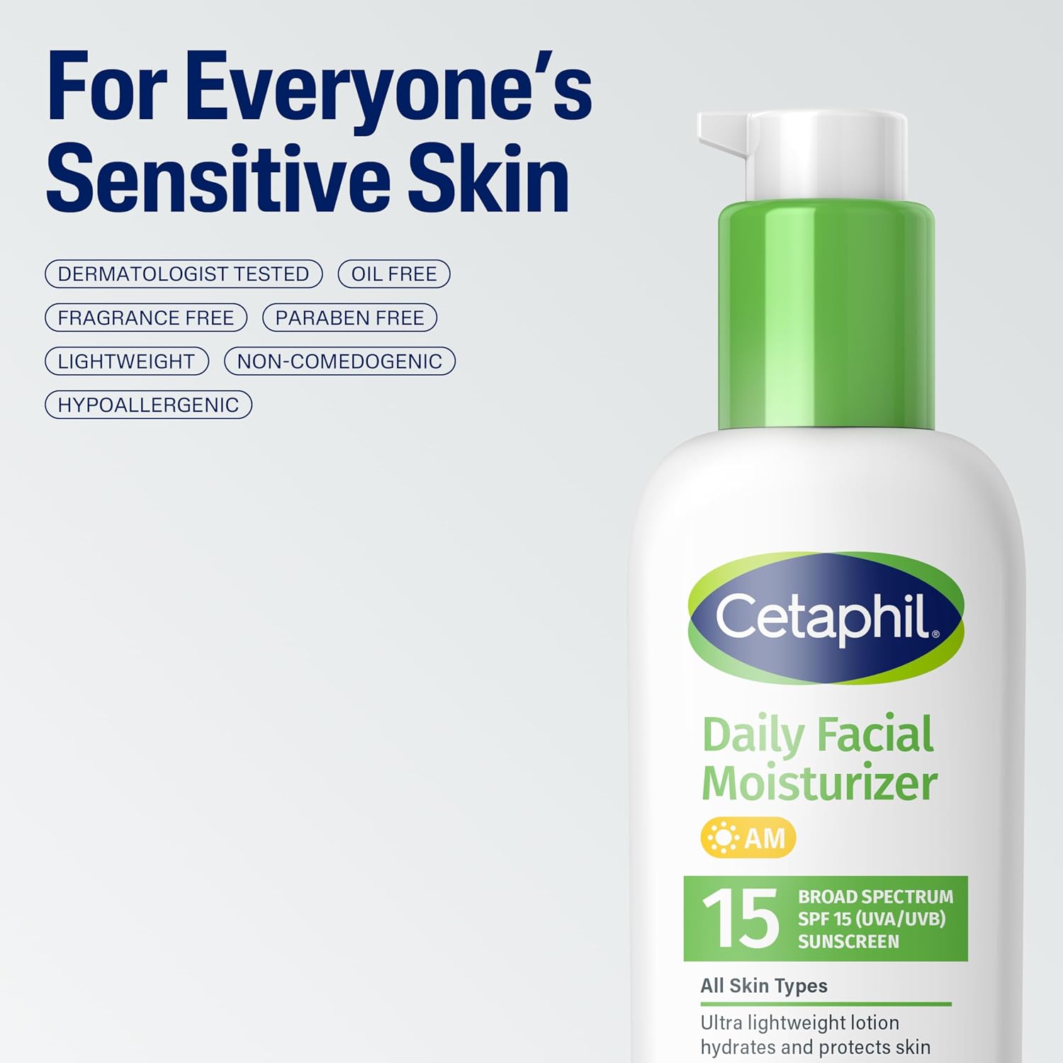Cetaphil Daily Facial Moisturizer bottle with green cap on a light gray background