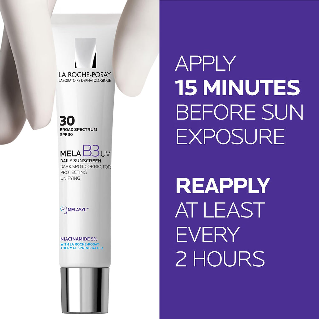 La Roche-Posay sunscreen bottle with application instructions on a white background