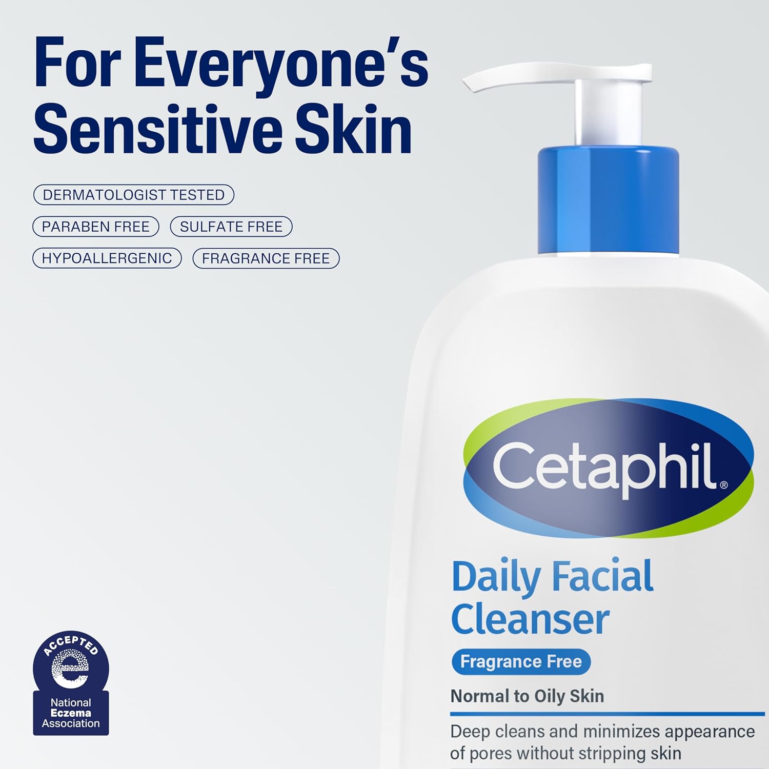 Cetaphil Daily Facial Cleanser bottle on a light gray background with product features listed.