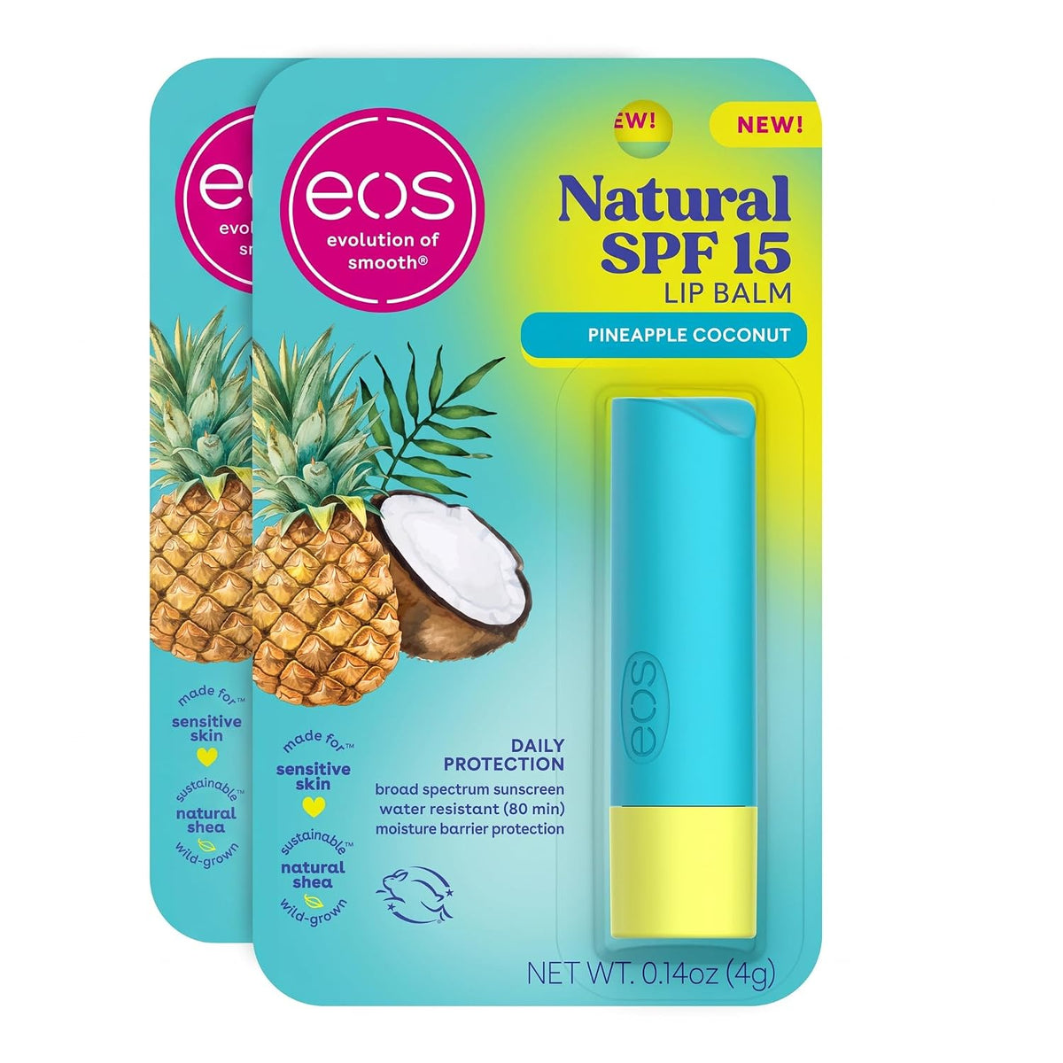 Two packs of EOS Natural SPF 15 Lip Balm in Pineapple Coconut flavor, showing the blue and yellow lip balm tube on its retail backing card.