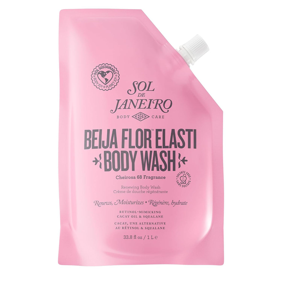 A pink refill pouch of Sol de Janeiro Beija Flor Elasti Body Wash with a white cap, shown on a clean white background.