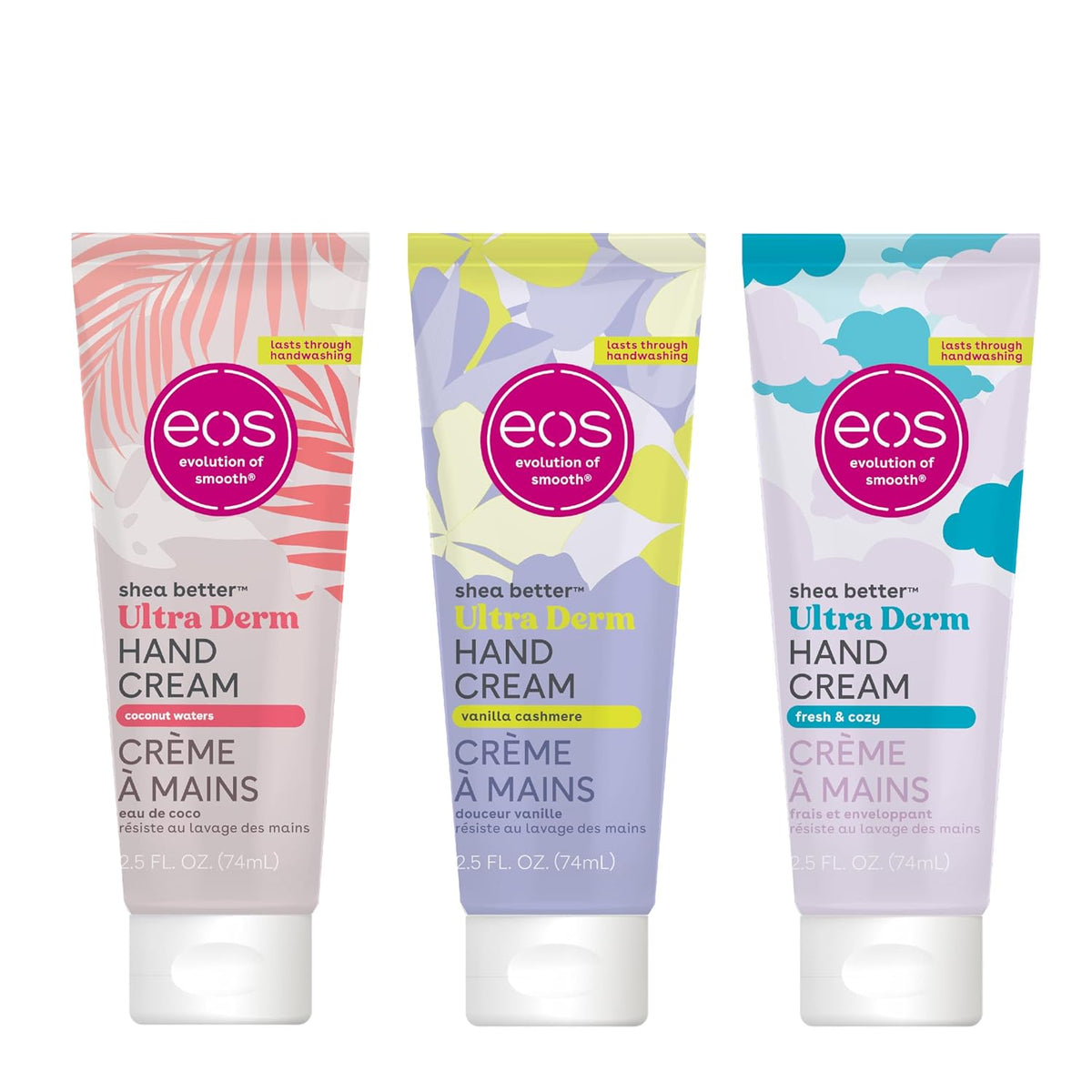 Three tubes of eos Ultra Derm Hand Cream on a white background