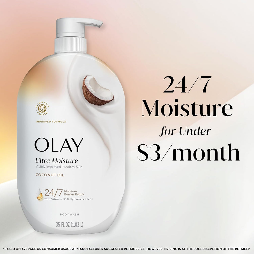 A large bottle of Olay Ultra Moisture Coconut Oil body wash on a soft peach and cream background, with promotional text reading '24/7 Moisture for Under $3/month'.