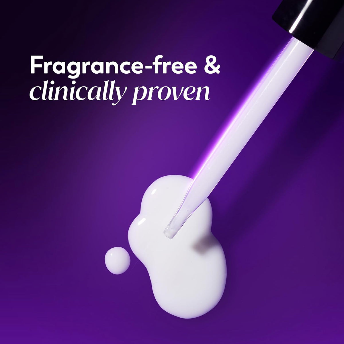 White dropper with a purple background and text 'Fragrance-free & clinically proven'.