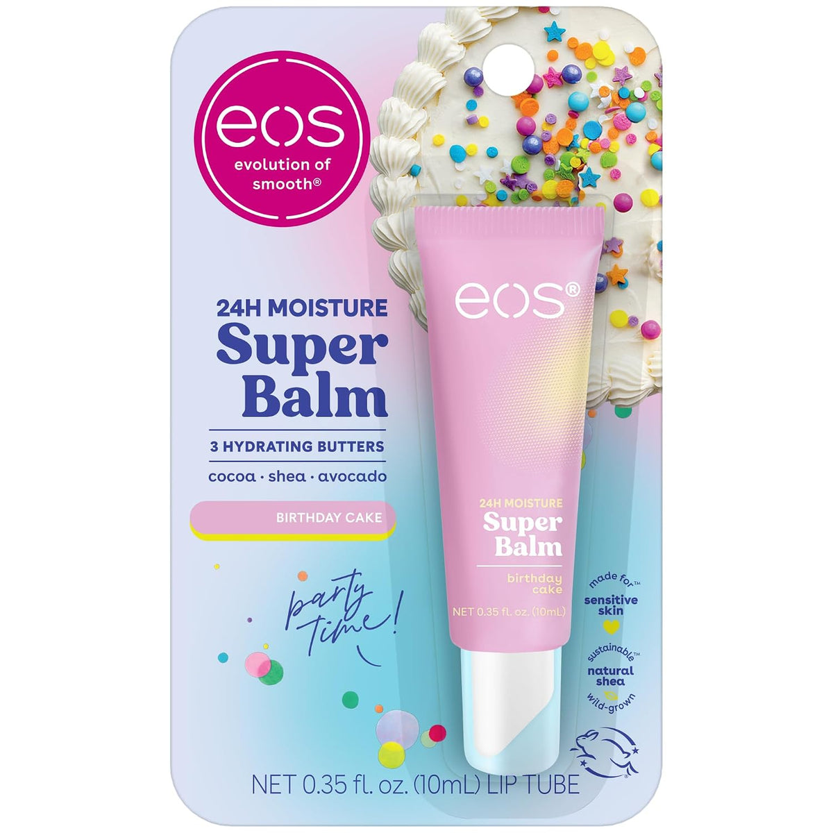 EOS Super Balm lip balm in Birthday Cake scent, 10ml tube on its original retail blister card packaging. The packaging features a pink and blue gradient background with a cake illustration and colorful confetti.