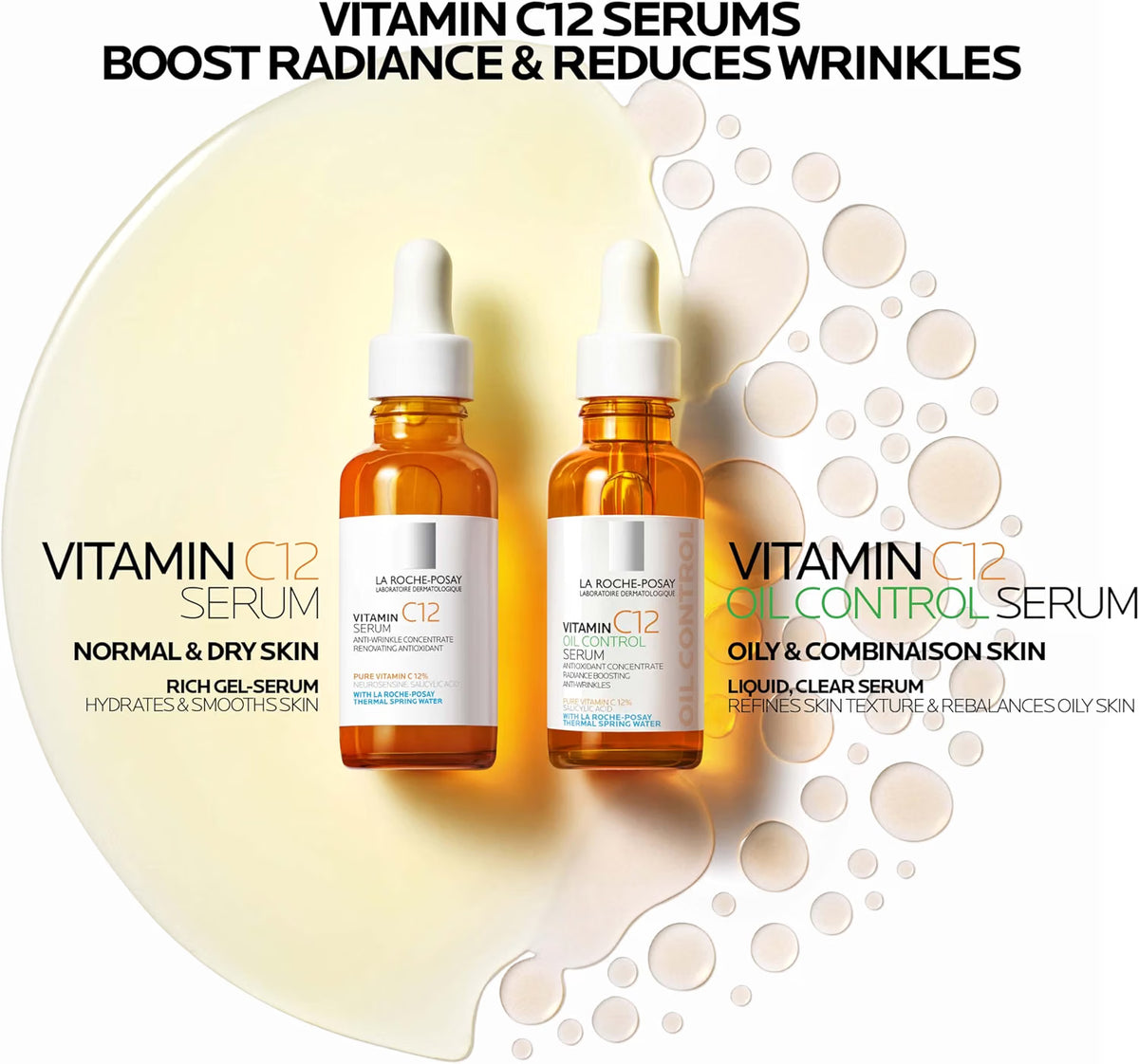 Two La Roche-Posay Vitamin C12 serums in amber glass dropper bottles with white caps, displayed on a cream and gold graphic background with text labels for normal and oily skin.