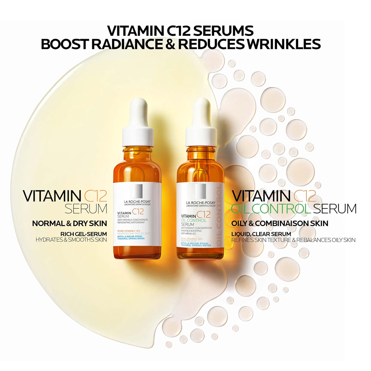 Two bottles of Vitamin C12 serum with text highlighting benefits on a beige background.