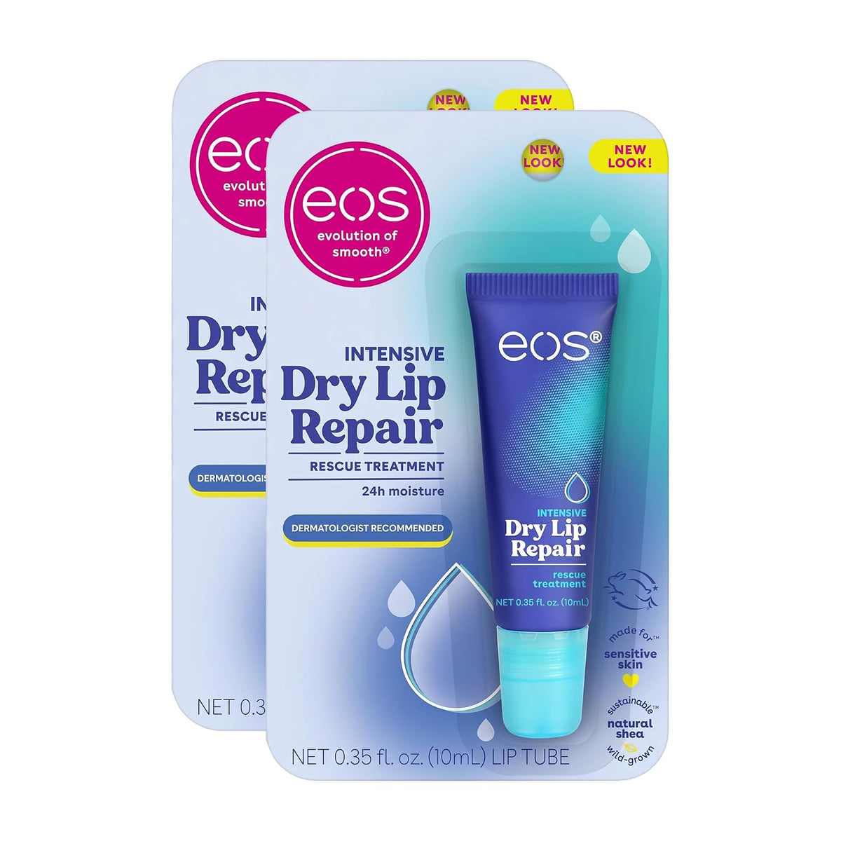 Two EOS Intensive Dry Lip Repair rescue treatment packages shown on a white background, with one package in front and one behind it. The front package features a blue and teal tube of lip repair treatment.