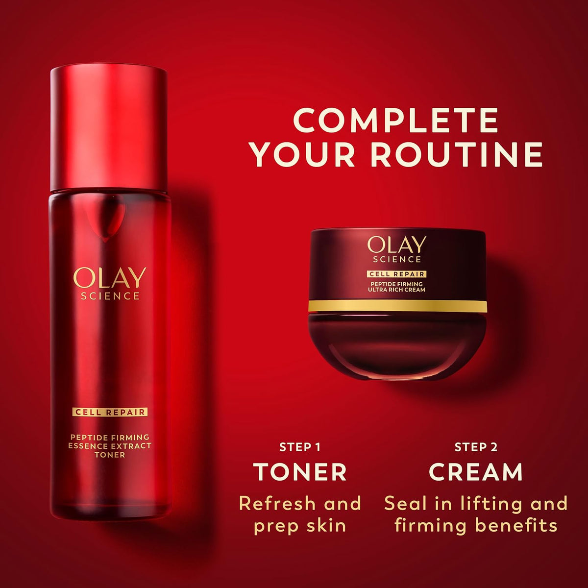 Olay Science Cellu-Fair Peptide Firming Essence Extract Toner and Cellu-Fair Hyalu-Cosmetic Cream shown on a red gradient background with text reading 'Complete Your Routine' and step labels.