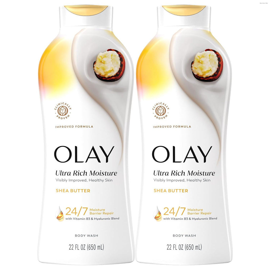 a bottles of Olay Ultra Rich Moisture Shea Butter body wash arranged in two on a white background  