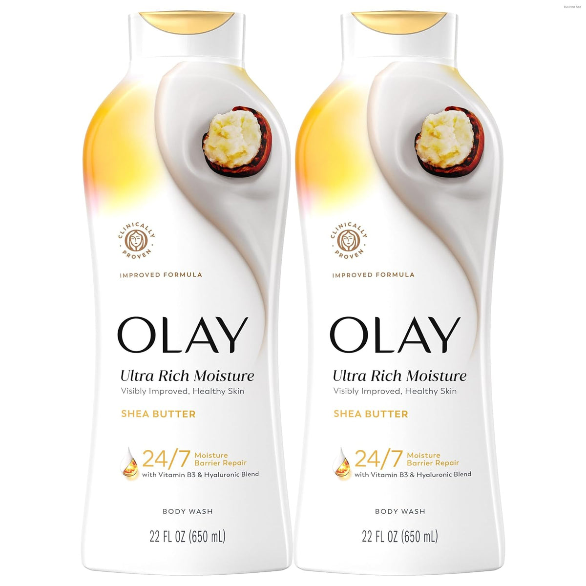 a bottles of Olay Ultra Rich Moisture Shea Butter body wash arranged in two on a white background  