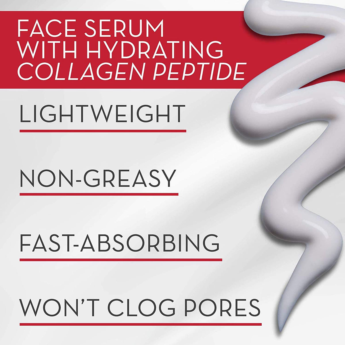 Advertisement for a face serum with hydrating collagen peptide, featuring text and a close-up of the serum.
