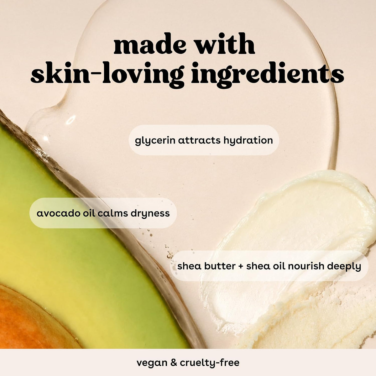 Promotional graphic for a skincare product with text reading 'made with skin-loving ingredients' and callouts for glycerin, avocado oil, and shea butter. The design shows creamy product textures and a sliced avocado on a soft beige background.