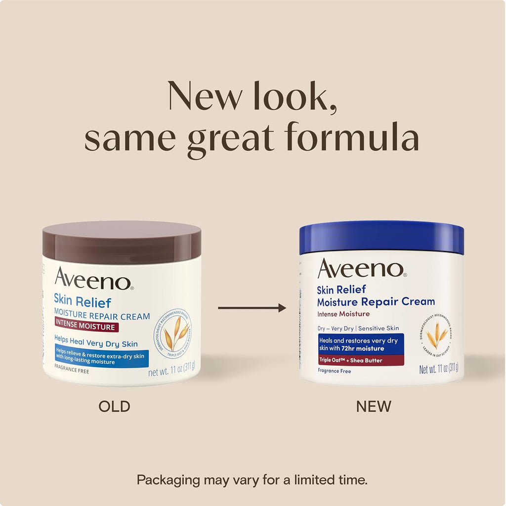 Comparison of old and new Aveeno Skin Relief Moisture Repair Cream packaging on a beige background.