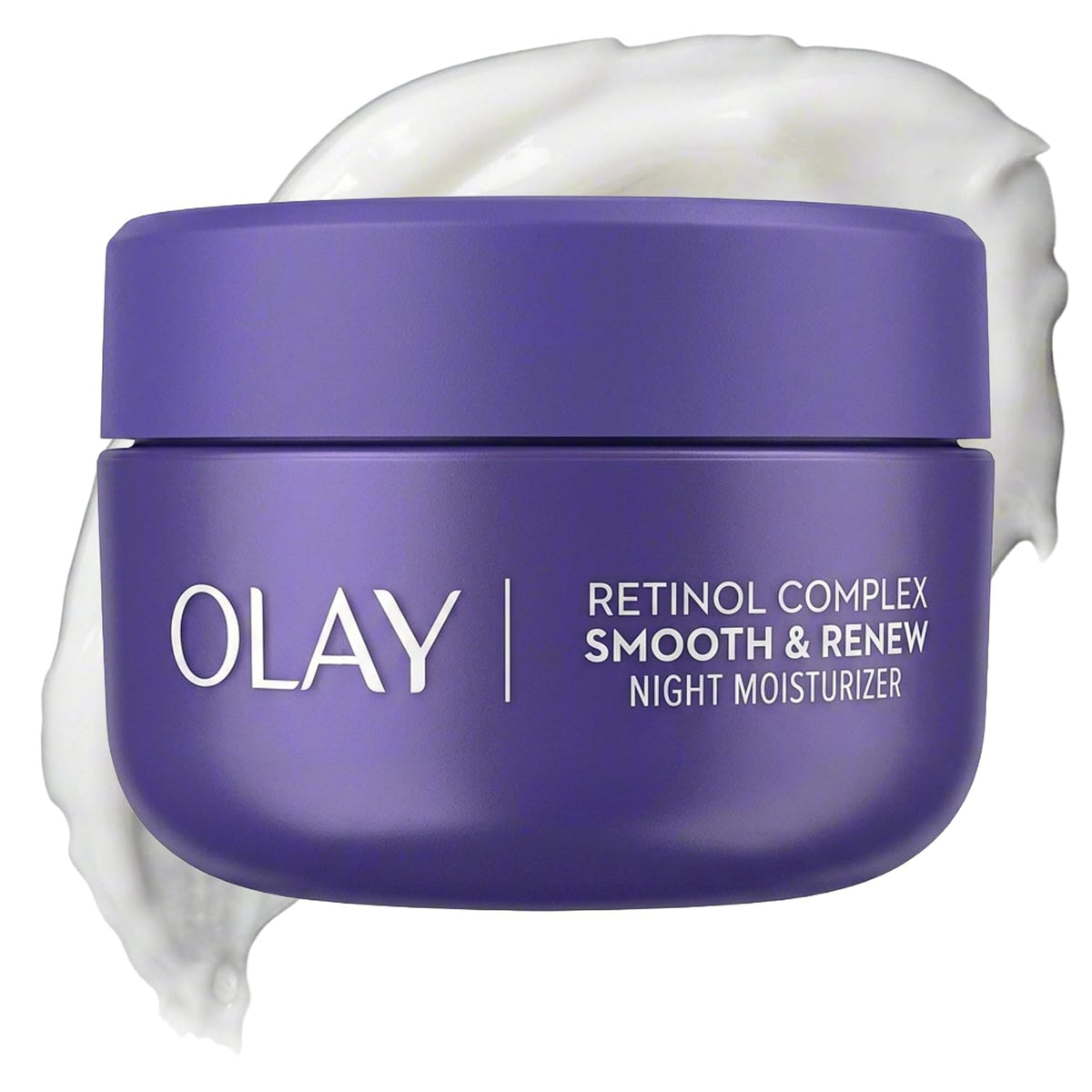Olay Retinol Complex Smooth & Renew Night Moisturizer in a purple jar with white text, shown with a swirl of white cream behind it on a white background.