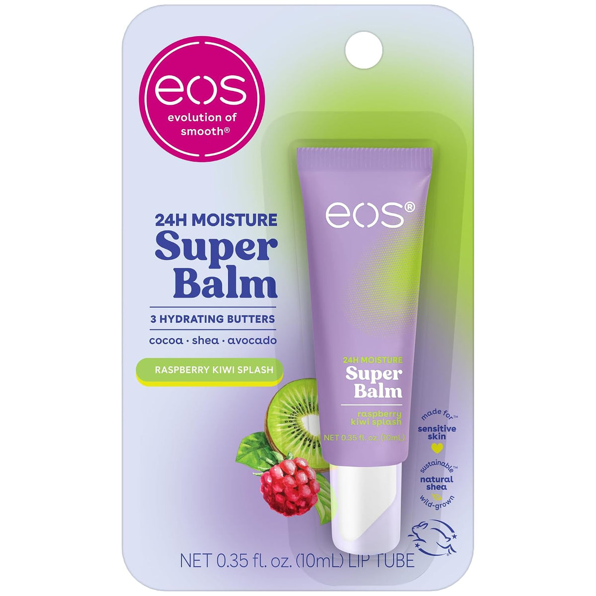 A tube of EOS Super Balm lip balm in Raspberry Kiwi Splash, presented in its original blister card packaging. The tube is lavender purple with a white cap, and the packaging features illustrations of a kiwi and raspberry.