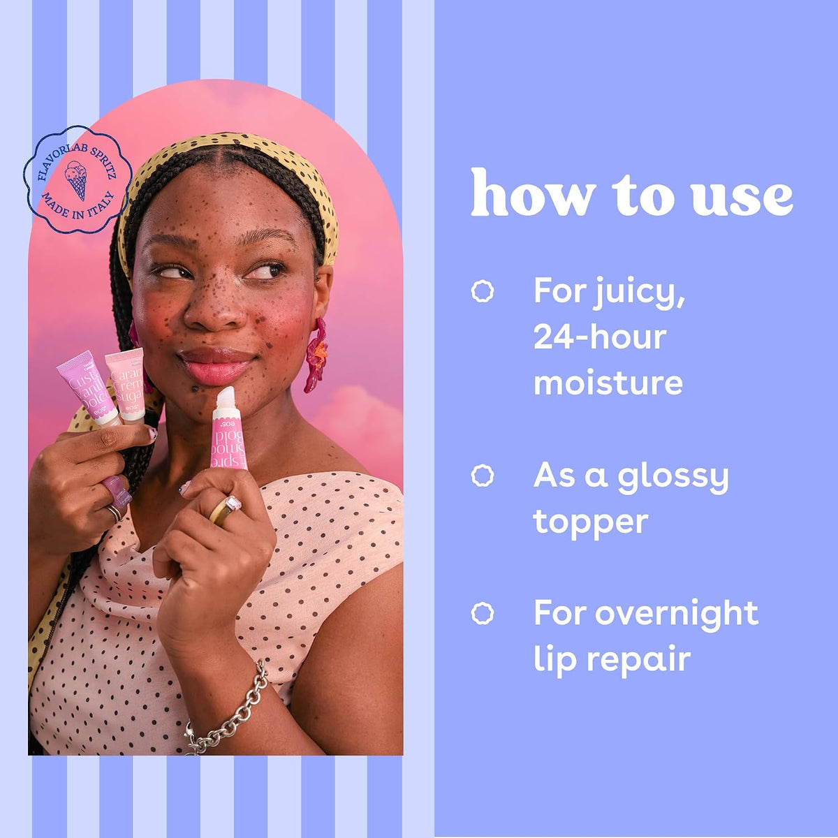 Woman holding lip balm with product usage instructions on a blue background