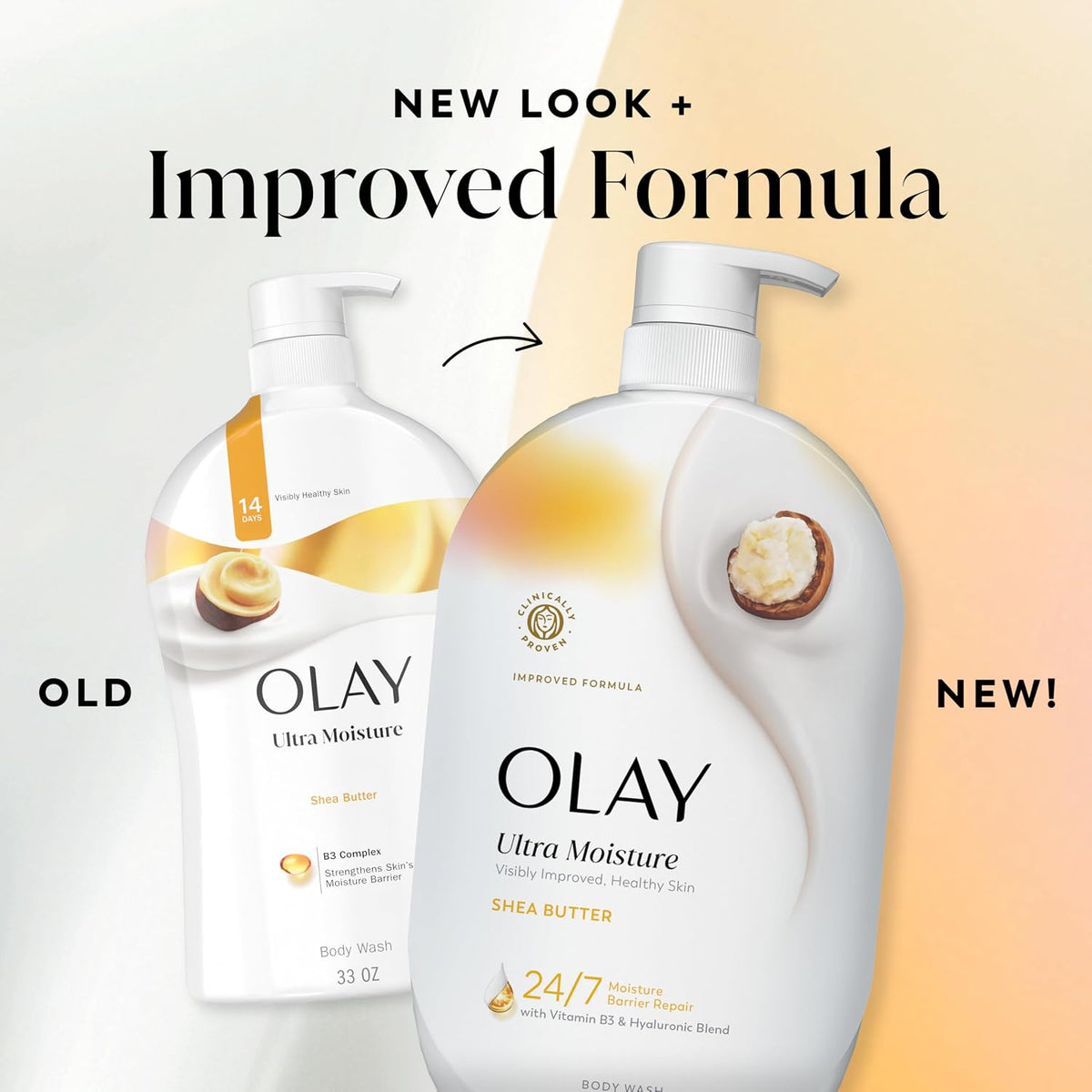 OLAY Ultra Moisture Shea Butter body wash bottles, old and new versions, on a gradient background.