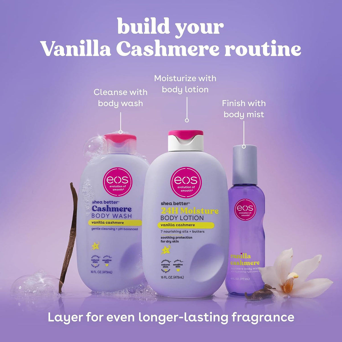 eos Vanilla Cashmere product set with bottles and text on a purple background