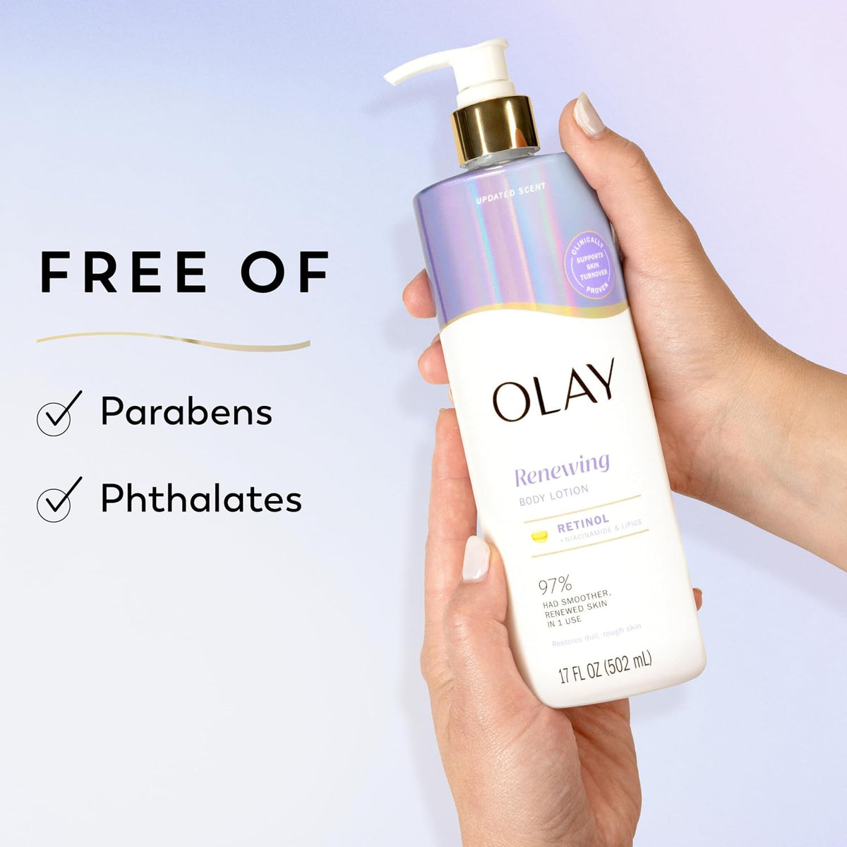 Olay Renewing body wash held by a hand with text indicating 'Free of Parabens and Phthalates' on a light purple background.