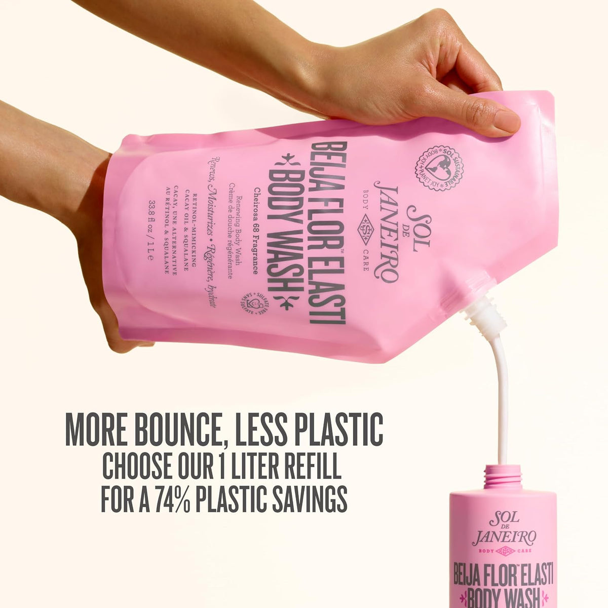 A pink refill pouch of Sol de Janeiro Beija Flor Elasti Body Wash with a white cap, shown on a clean white background.