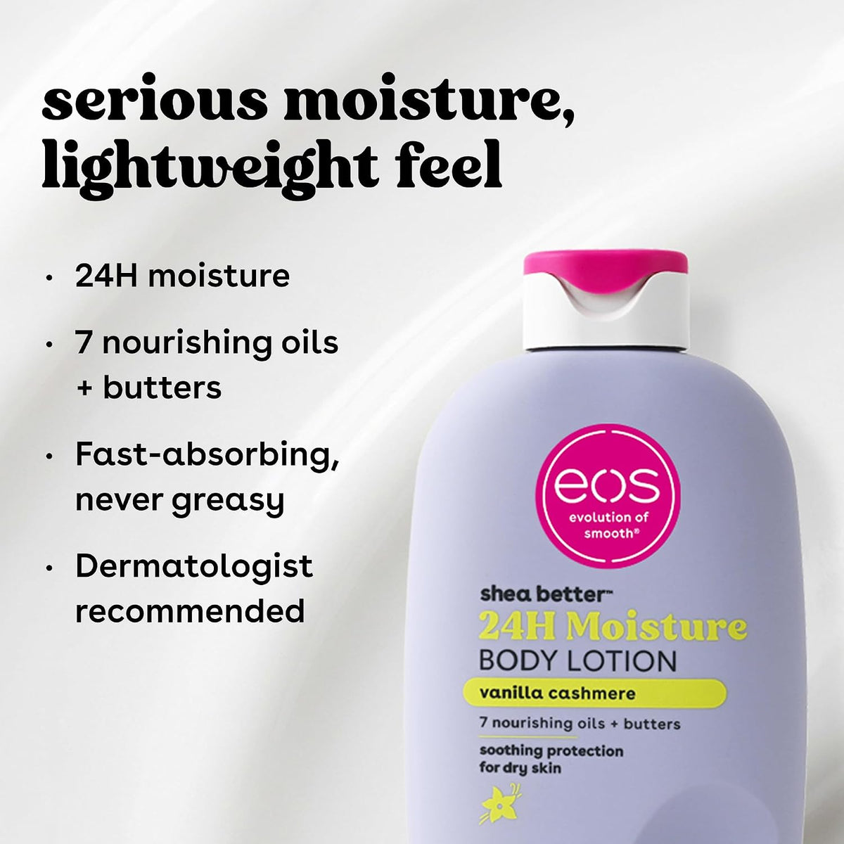 EOS shea butter 24H moisture body lotion bottle with product features listed on a white background