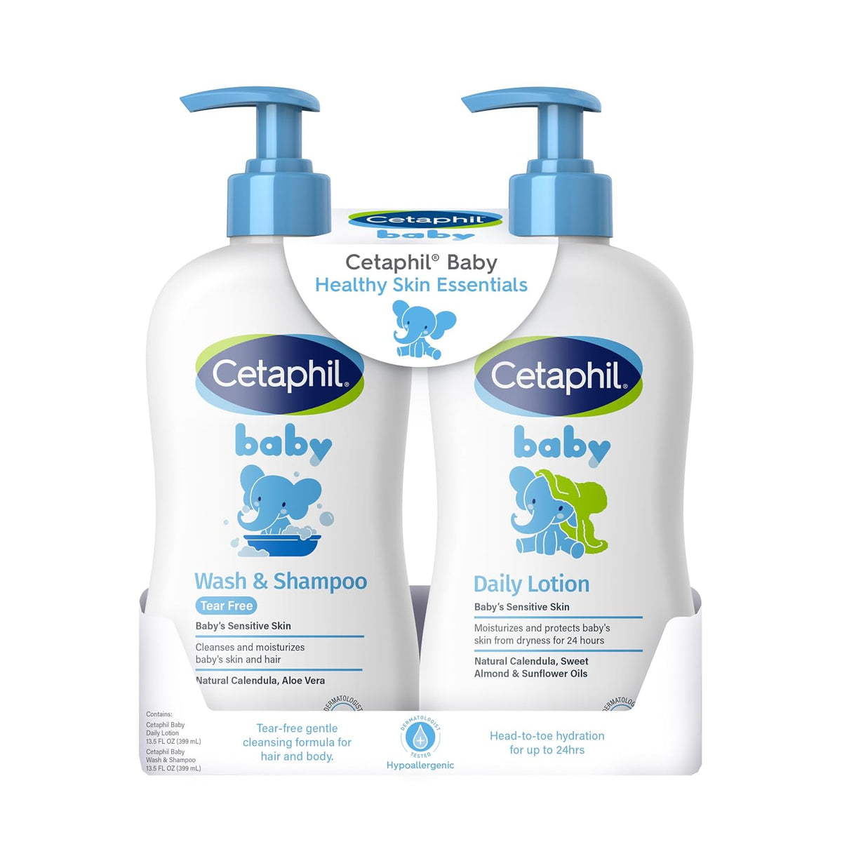 Two Cetaphil Baby products, Wash & Shampoo and Daily Lotion, on a white background.