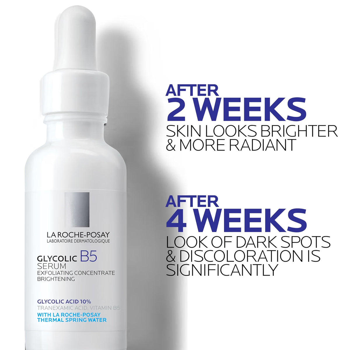 La Roche-Posay Glycolic B5 Serum bottle on a white background with promotional text stating results after 2 weeks and 4 weeks.