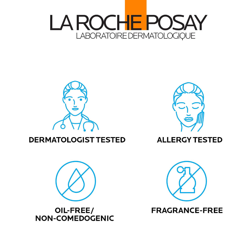La Roche-Posay logo with icons indicating dermatologist tested, allergy tested, oil-free/non-comedogenic, and fragrance-free.