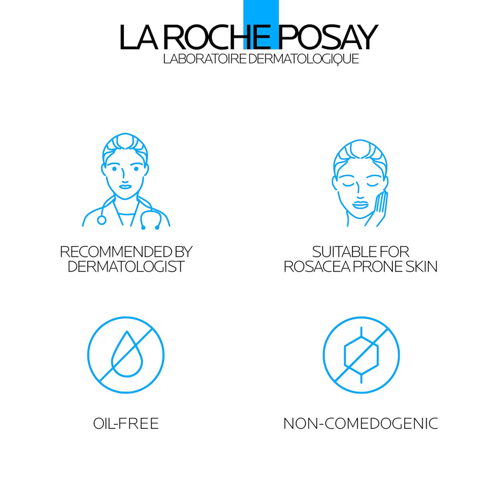 La Roche Posay skincare graphic on a white background with blue line icons and text stating 'Recommended by Dermatologist,' 'Suitable for Rosacea Prone Skin,' 'Oil-Free,' and 'Non-comedogenic.'.