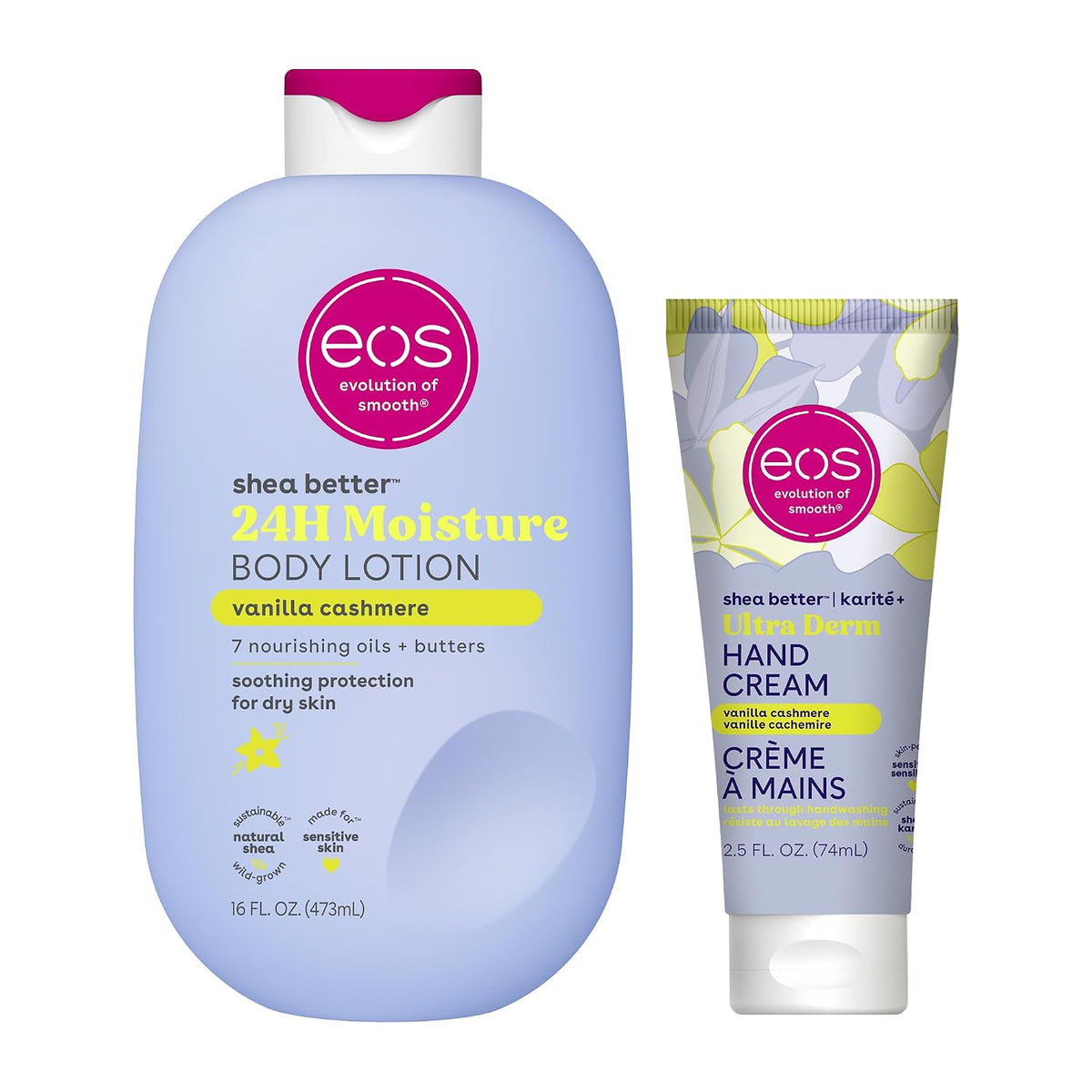 EOS Shea Better 24H Moisture Body Lotion in vanilla cashmere and a matching Hand Cream tube, shown on a clean white background.