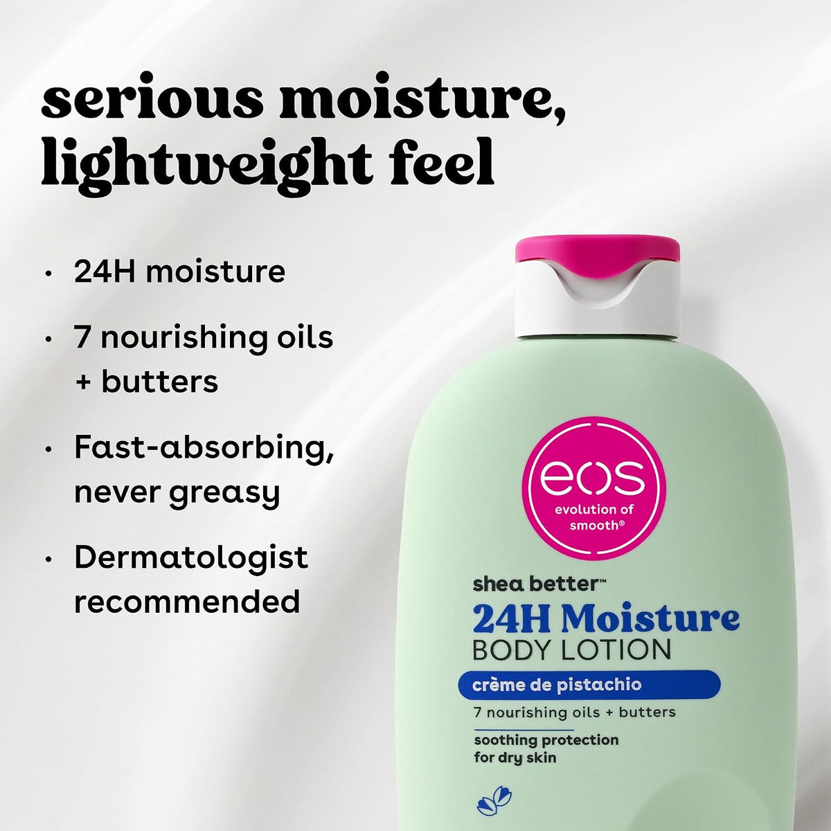 EOS shea butter 24H Moisture Body Lotion bottle with product features on a white background