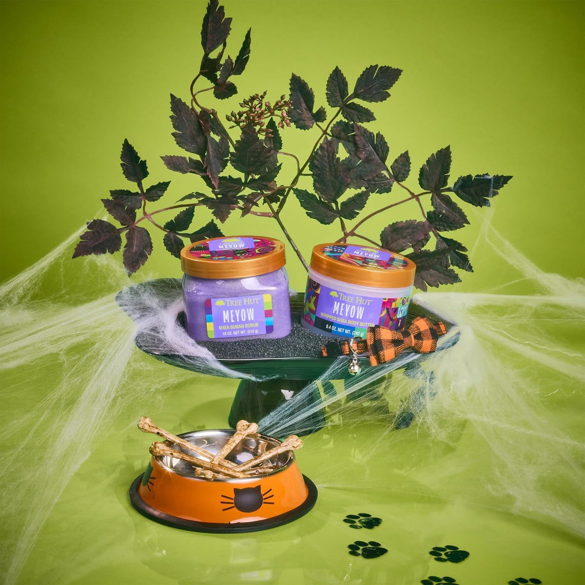 Two cat food containers with colorful labels on a green background with spider webs and leaves.