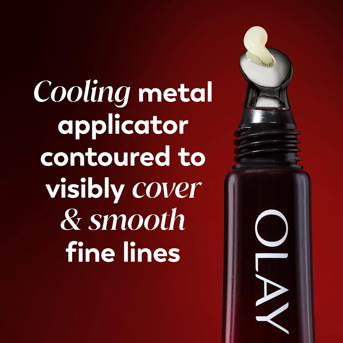 Olay skincare product with cooling metal applicator on a red background