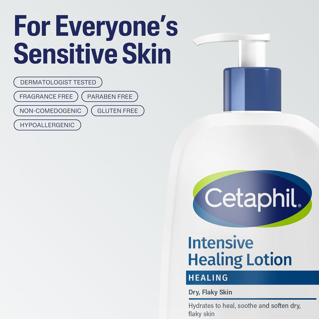 Cetaphil Intensive Healing Lotion bottle on a light gray background with product features listed.