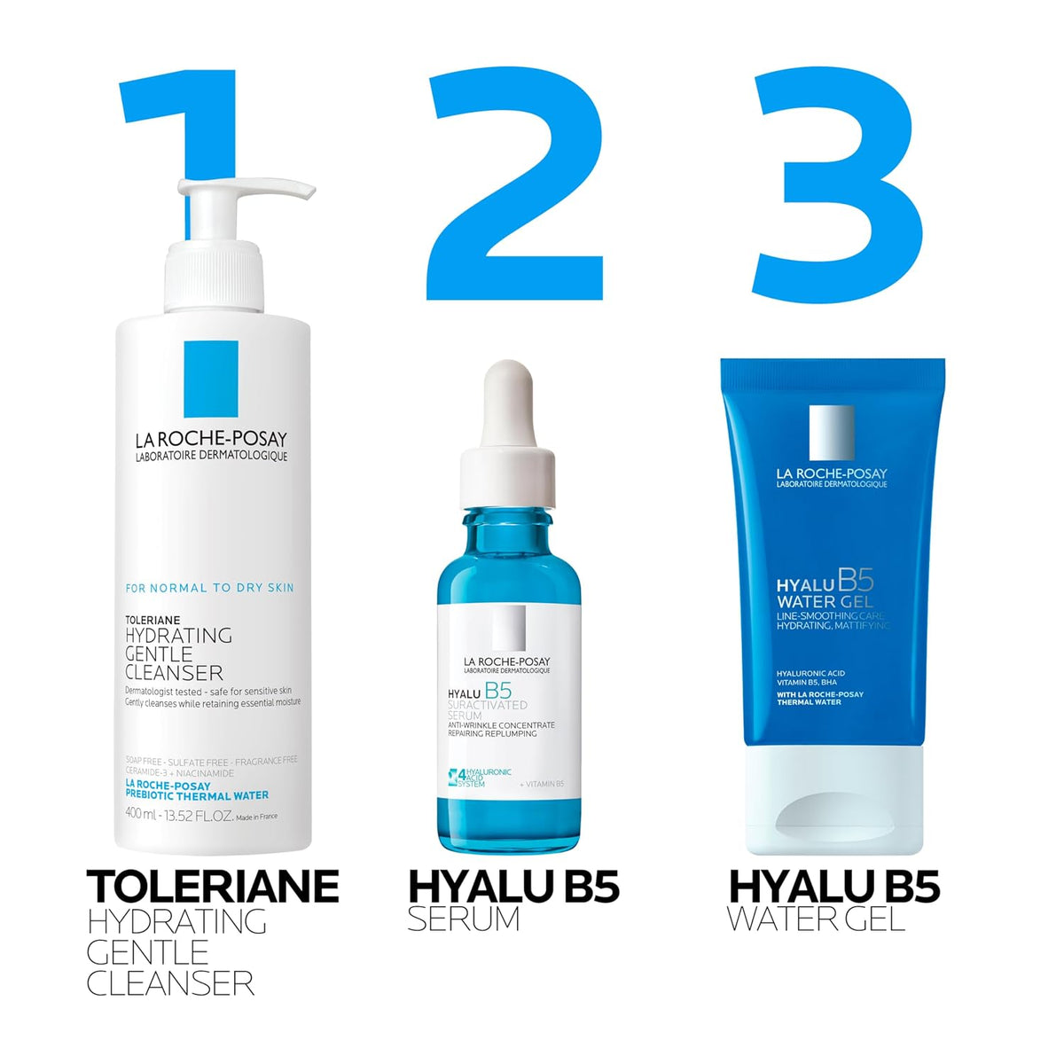 Three La Roche-Posay skincare products with labels on a white background