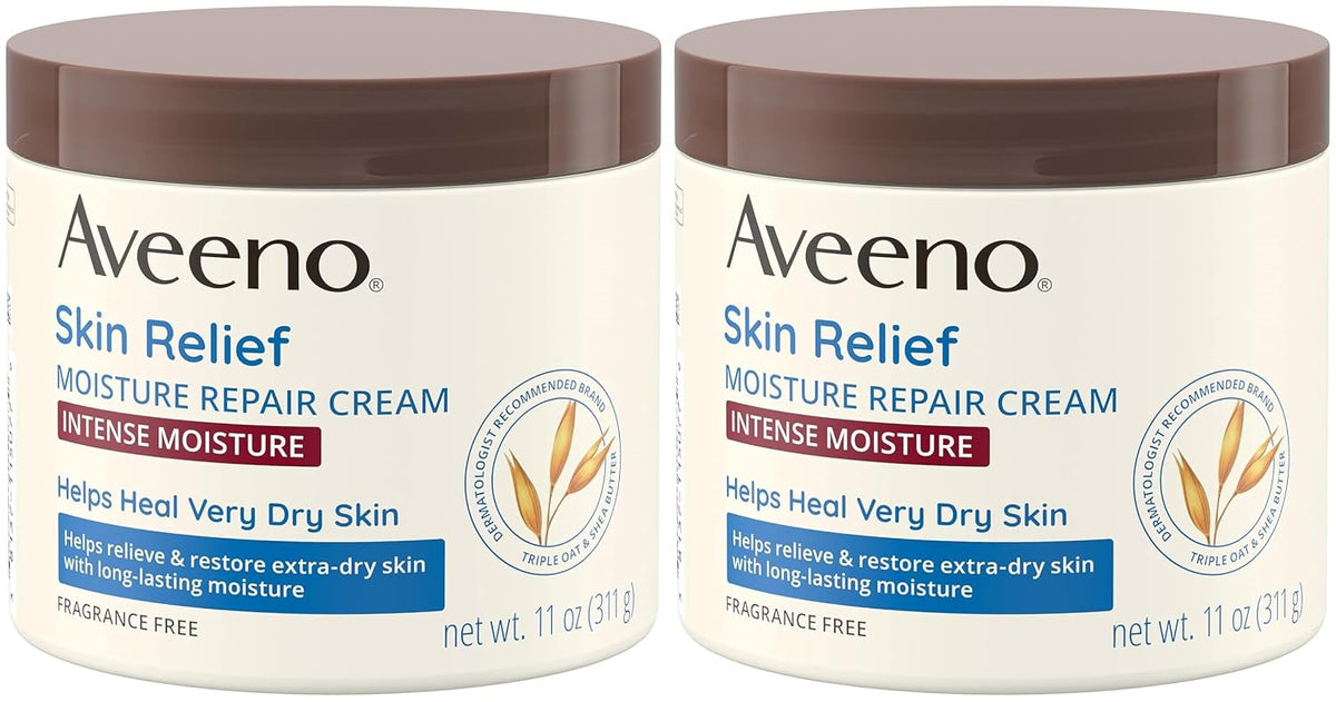 Two jars of Aveeno Skin Relief Moisture Repair Cream side by side on a white background.