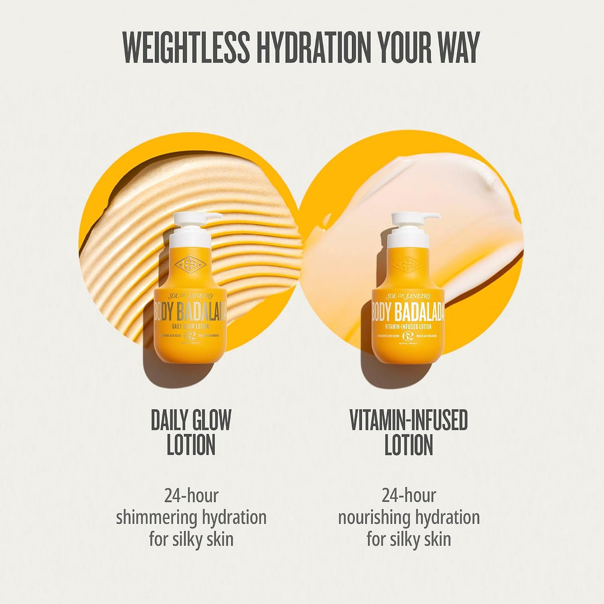Two bottles of Nuy Badala lotion shown on a light beige background with yellow circular callouts and text reading 'WEIGHTLESS HYDRATION YOUR WAY' and 'DAILY GLOW LOTION' / 'VITAMIN-INFUSED LOTION'.