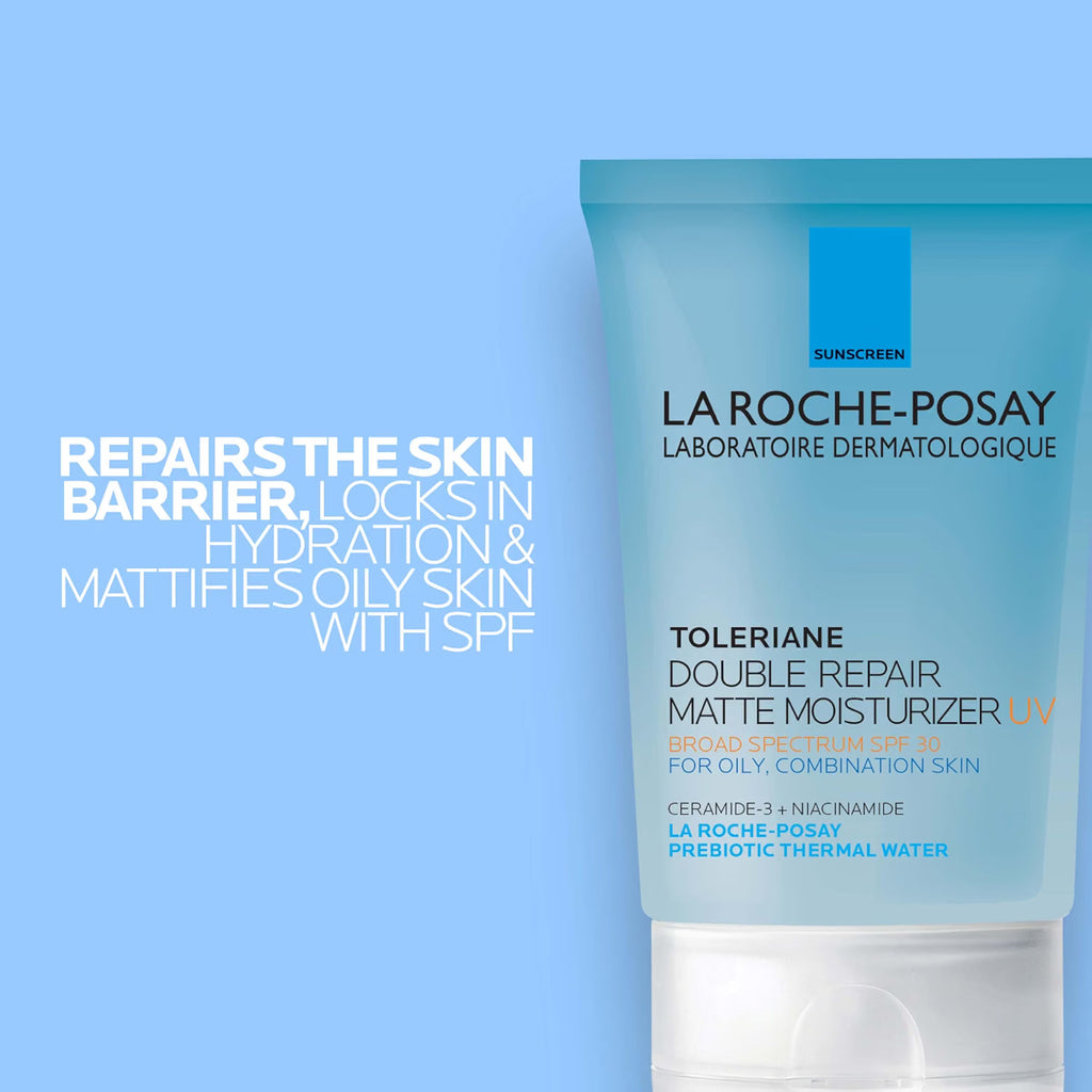 La Roche-Posay Toleriane Double Repair Matte Moisturizer UV SPF 50 sunscreen tube in a light blue gradient packaging, shown next to marketing text on a solid light blue background.
