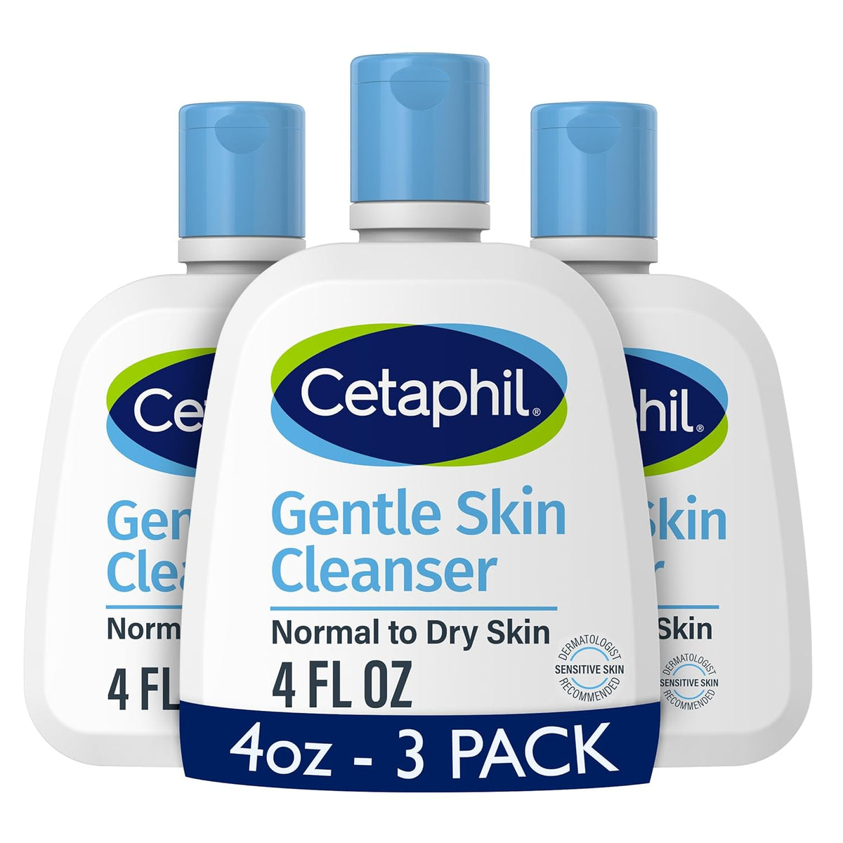 Three bottles of Cetaphil Gentle Skin Cleanser on a white background