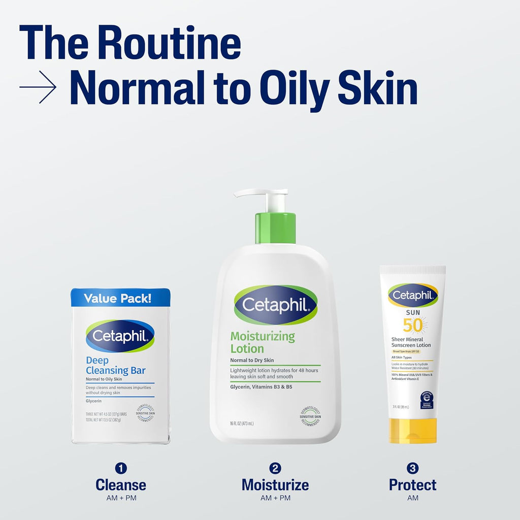 Cetaphil skincare products for normal to oily skin on a white background