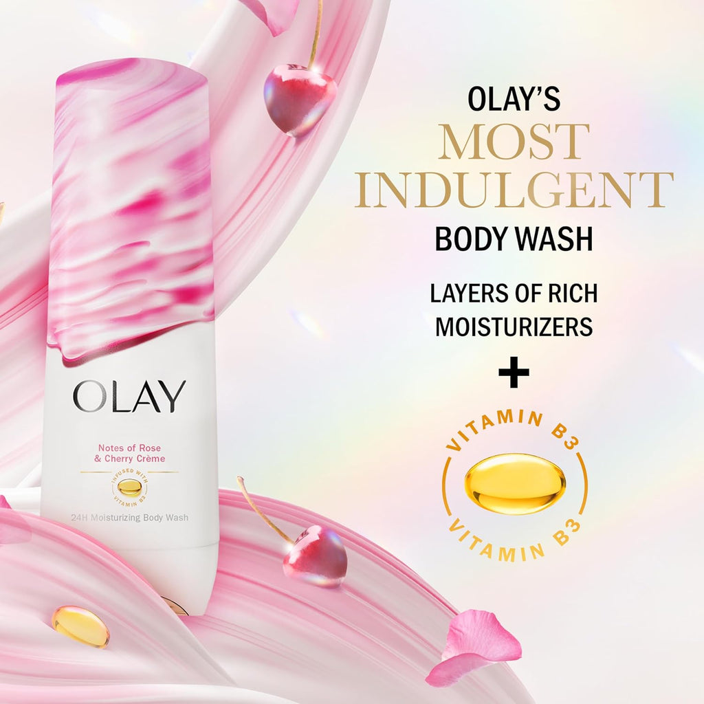 Olay body wash packaging with pink and white design, featuring vitamins and moisturizers.