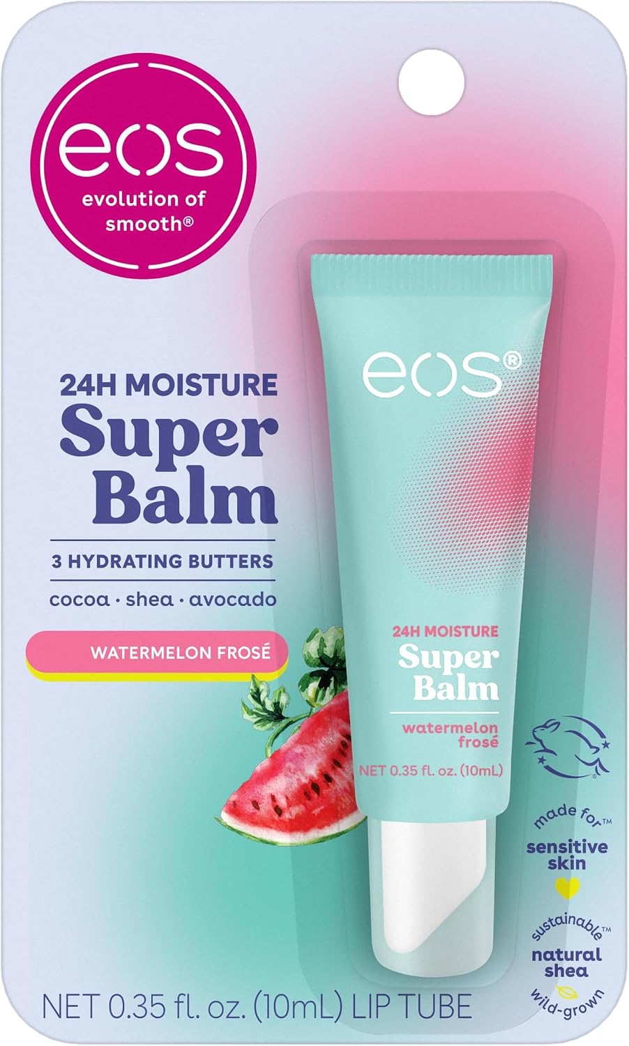 eos Super Balm packaging with watermelon flavor on a white background