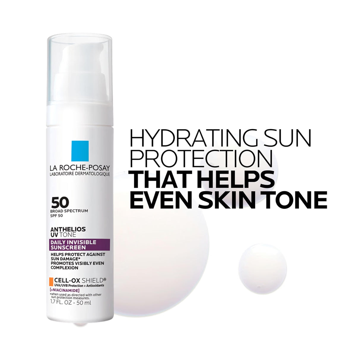 La Roche-Posay Anthelios UV Live 50 Broad Spectrum SPF 50 liquid sunscreen in a white pump bottle, shown next to a white droplet graphic and bold black text that reads 'HYDRATING SUN PROTECTION THAT HELPS EVEN SKIN TONE'.
