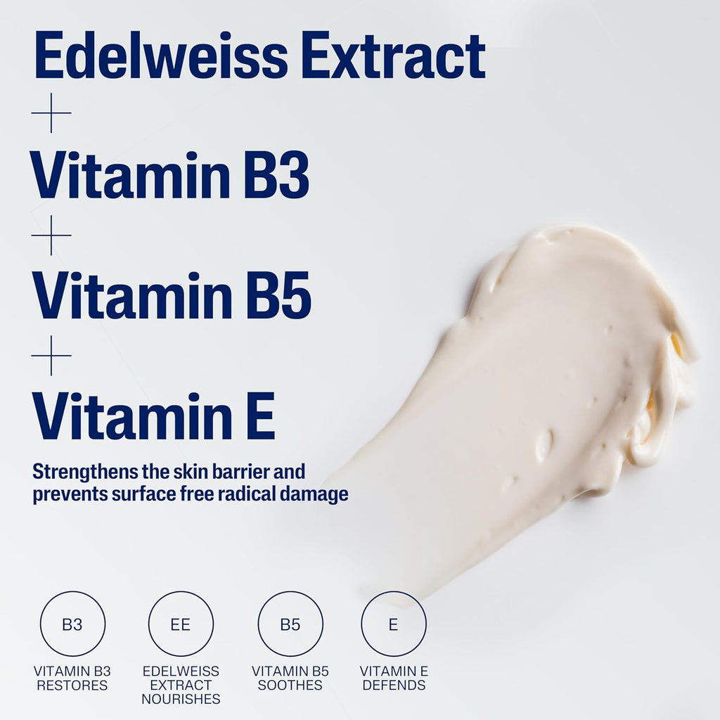 Cosmetic product with Edelweiss Extract, Vitamin B3, Vitamin B5, and Vitamin E text on a white background