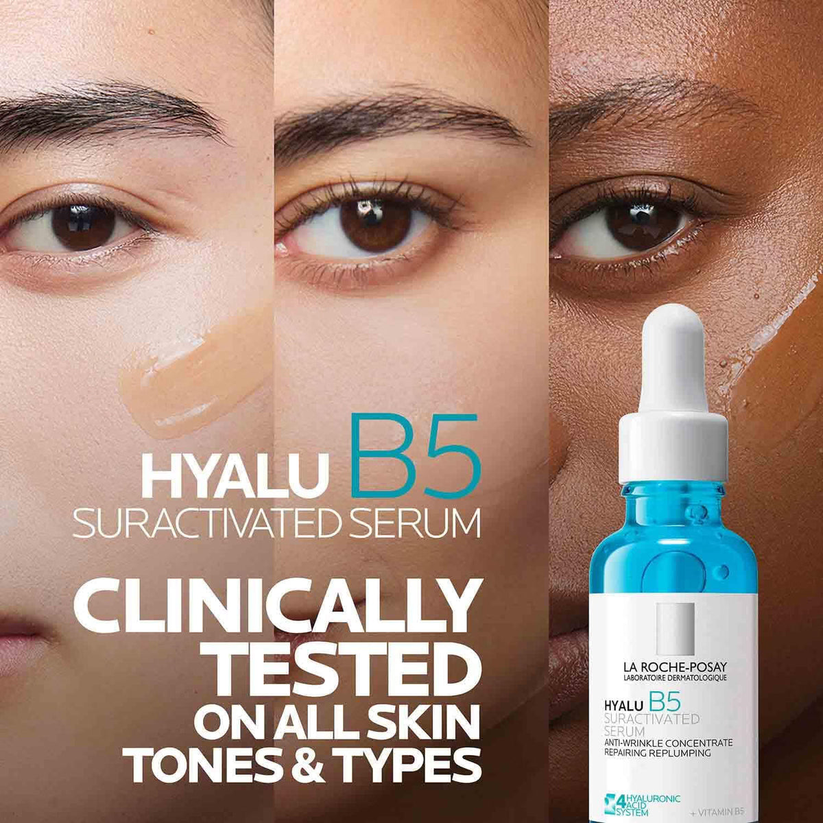 Advertisement for La Roche-Posay Hyalu B5 serum with close-up of eyes and product bottle.
