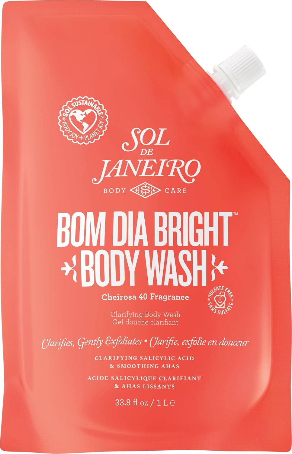 of Sol de Janeiro Bom Dia Bright Body Wash bottles and packaging on a red background